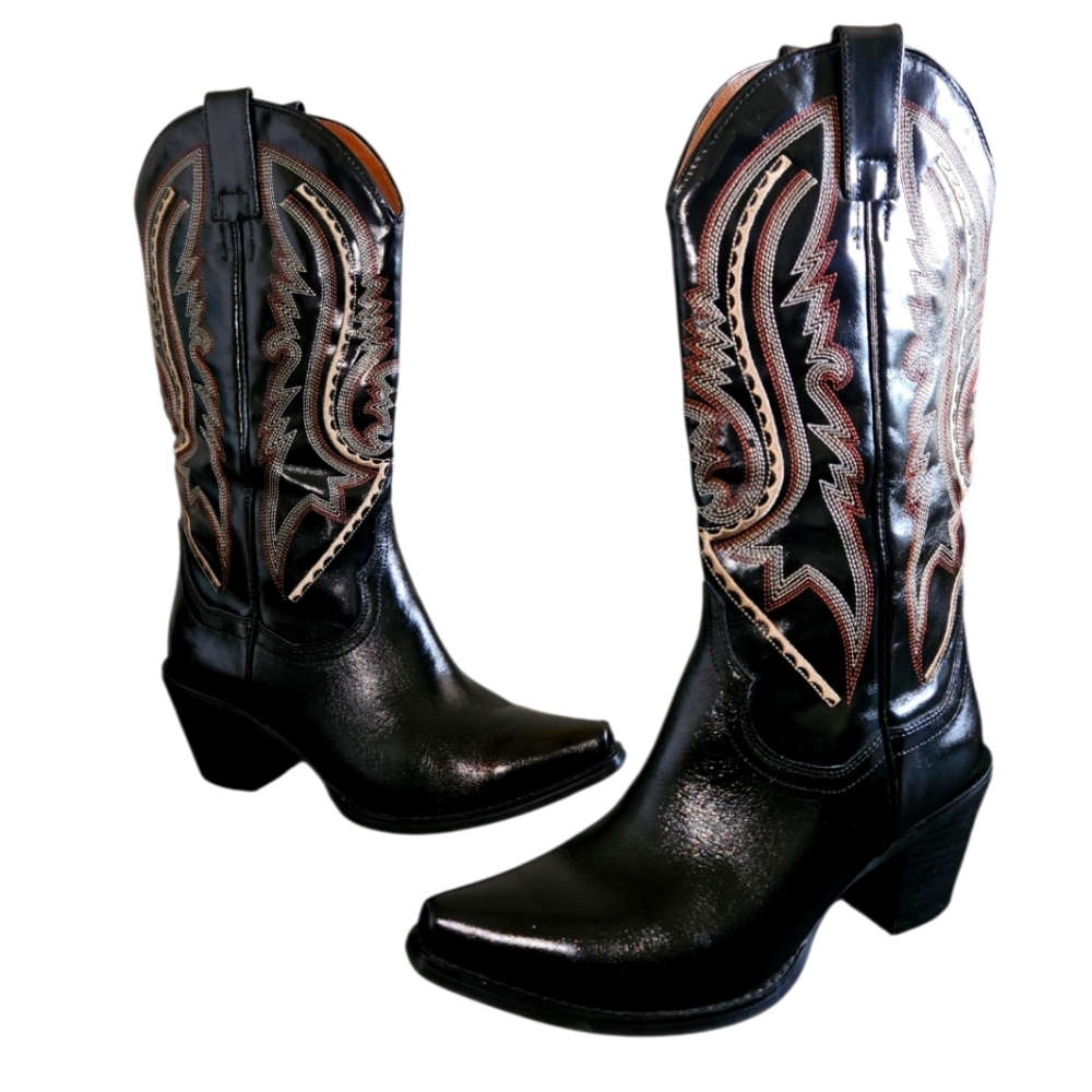 Jeffery Campbell Rancher Western Embroidered Black Leather  Boots Size 8